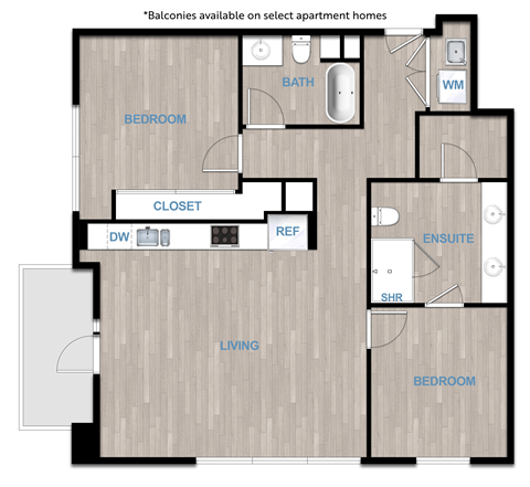 Floor plan for 2 beds, 2 baths, 1183 sqft